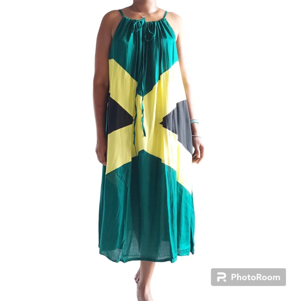 Spaghetti Strap Dress 100% Rayon Free Size Plus Size Jamaican Dress Rasta Dress